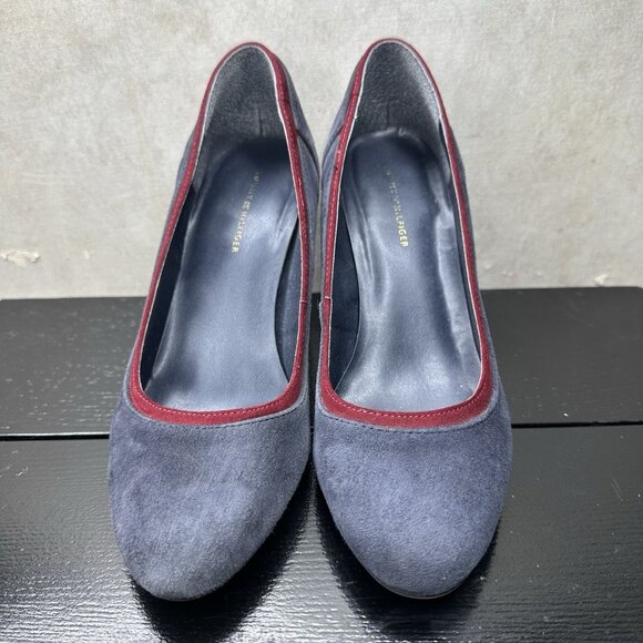 Tommy Hilfiger Pumps Blue Suede 3.5” Chunky Block Heels Burgundy Gold Trim - Picture 2 of 10